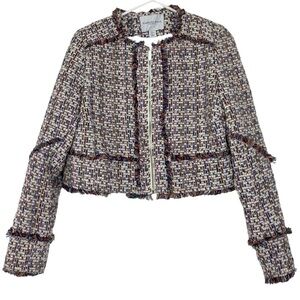 Carolina Belle Tweed Jacket Women Size Medium Cropped Blazer Multi Zip Up Fringe